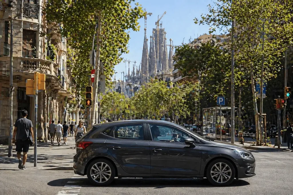 Recreación de un coche cerca de la Sagrada Familia. Imagen generada por IA