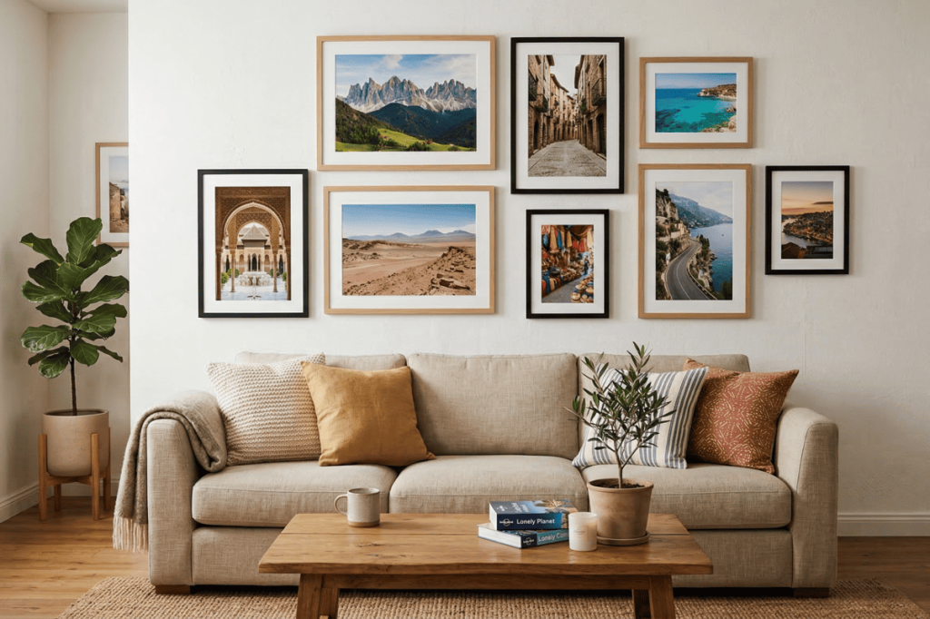 Salón decorado con fotos de viajes
