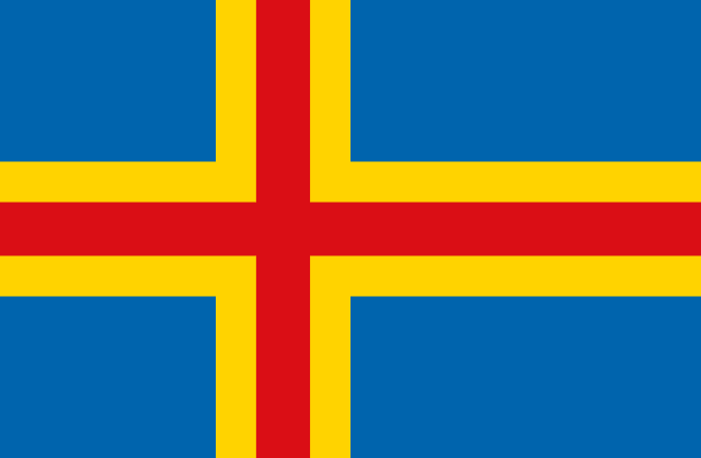 Bandera de Åland: cruz nórdica roja ribeteada de amarillo sobre fondo azul