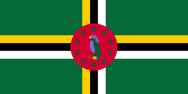 Bandera de Dominica: cruz tricolor y papagayo sisserou sobre fondo verde