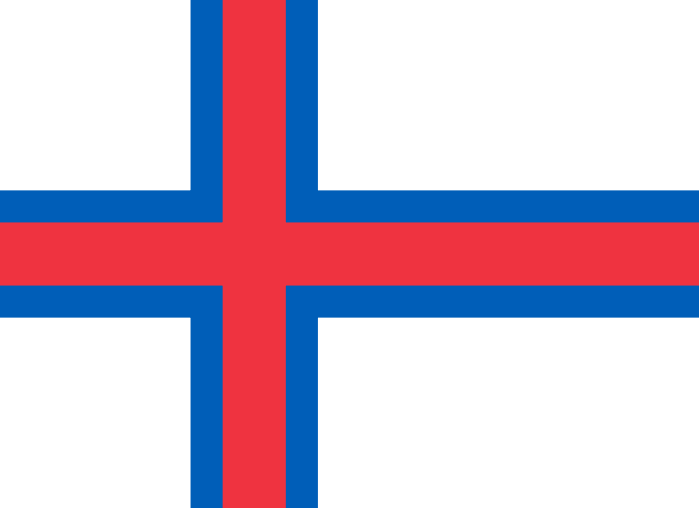Bandera de las Islas Feroe: cruz nórdica roja ribeteada de azul sobre fondo blanco
