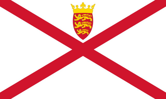 Bandera de Jersey: aspa roja sobre fondo blanco con el escudo de la isla