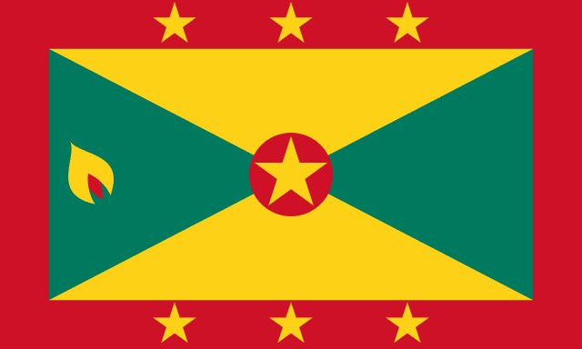 Bandera de Granada, roja, amarilla y verde con nuez moscada