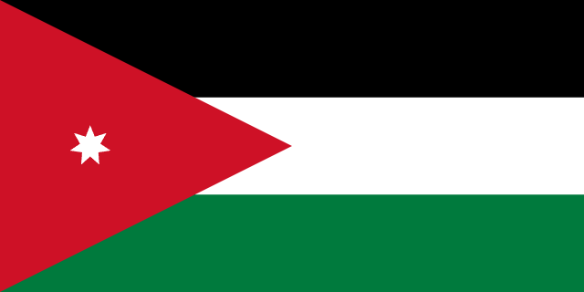 Bandera de Jordania, negra, blanca y verde con triángulo rojo y estrella
