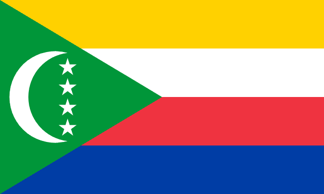 Bandera de Comoras, con franjas de colores y triángulo verde