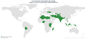 Mapa de los países más baratos del mundo según el Cost of Living Index 2026 Mid-Year
