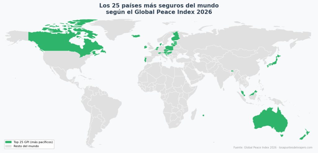 Mapa de los países más seguros del mundo 2026 Mapa de los países más seguros del mundo según el Global Peace Index 2026