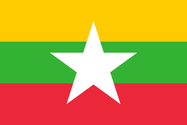 Bandera de Birmania (Myanmar), amarilla, verde y roja con estrella blanca