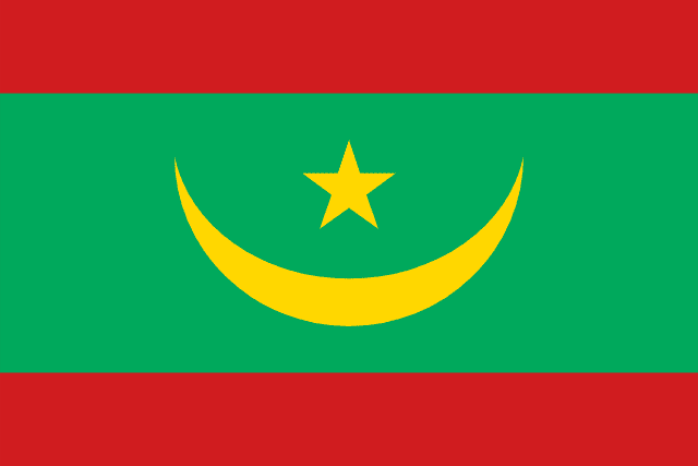 Bandera de Mauritania, verde con media luna amarilla y franjas rojas