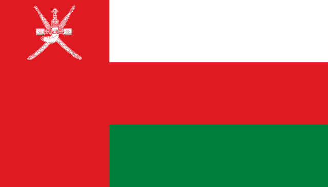 Bandera de Omán, blanca, roja y verde con daga