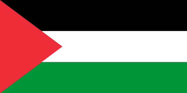 Bandera de Palestina, negra, blanca y verde con triángulo rojo