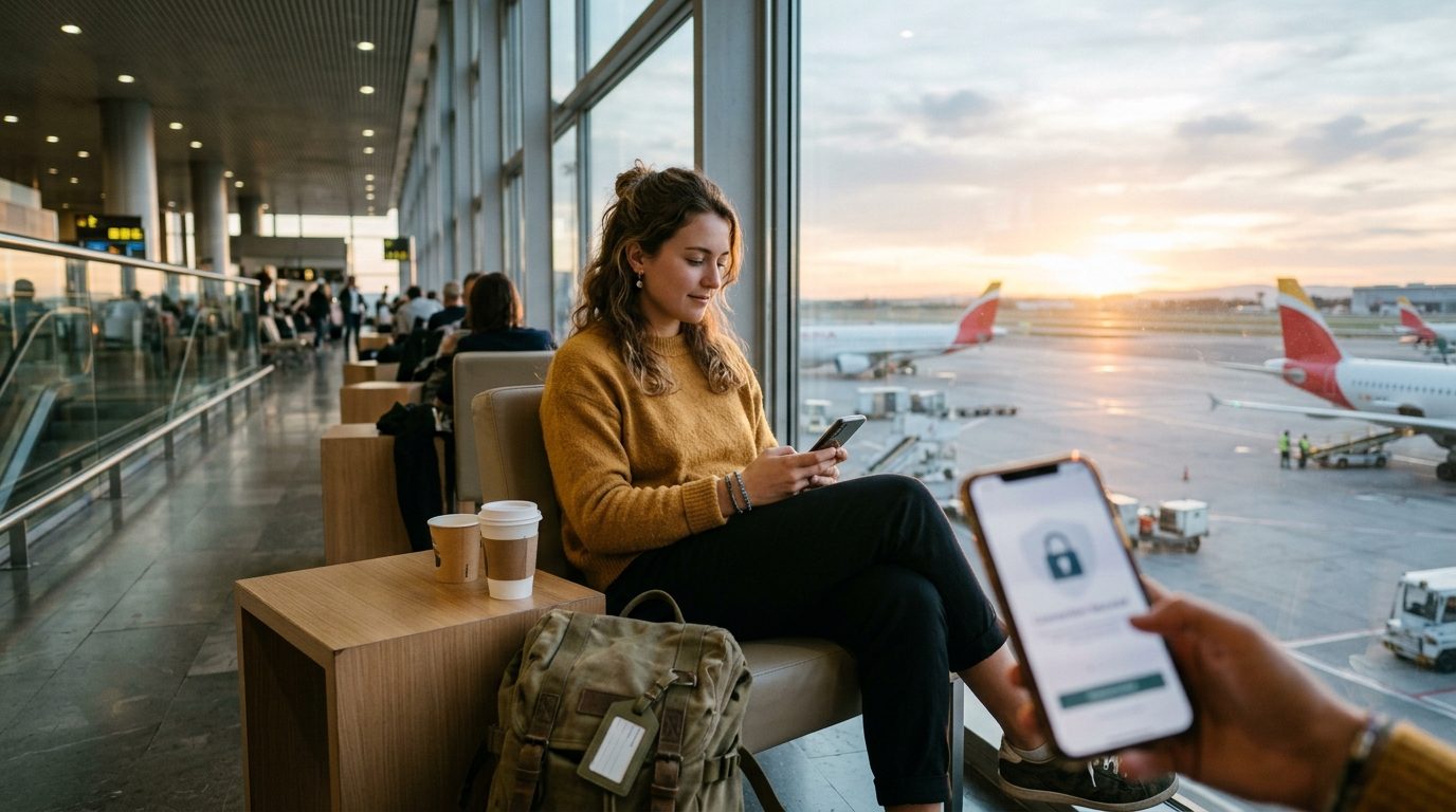 Viajera usando el móvil con conexión segura en un aeropuerto