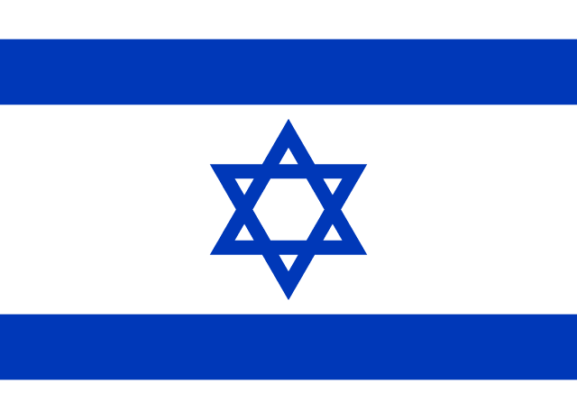 Bandera de Israel: fondo blanco con dos franjas azules y la estrella de David