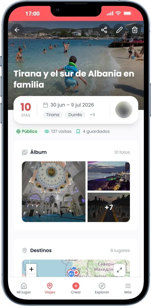 Ficha de un viaje en Lugavia en el móvil: portada, fechas, álbum de fotos y mapa