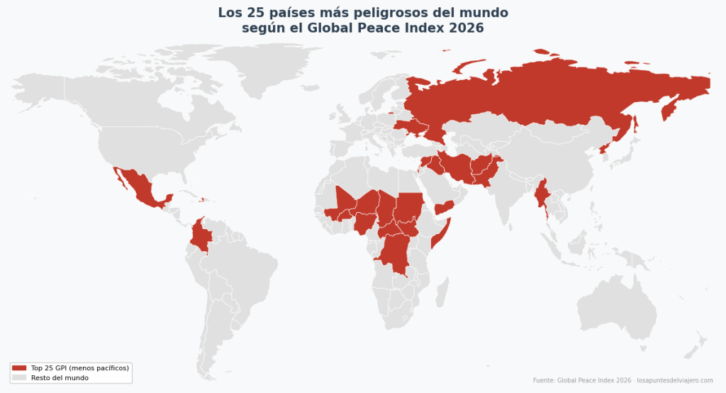 Mapa de los 25 países más peligrosos del mundo según el Global Peace Index 2026