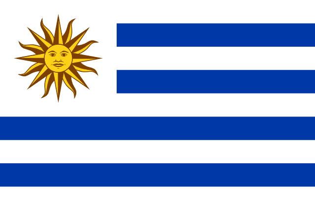 Bandera de Uruguay: nueve franjas blancas y azules con el Sol de Mayo en el cantón