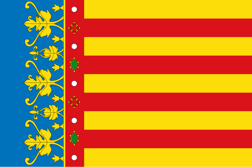 Bandera de la Comunidad Valenciana: cuatro barras rojas sobre amarillo con una franja azul coronada junto al asta