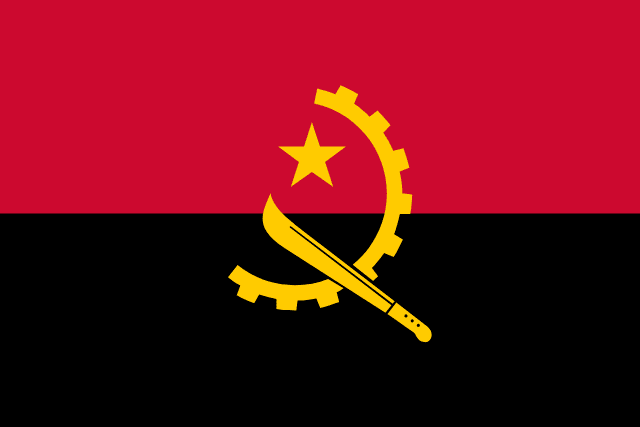 Bandera de Angola: franjas roja y negra con media rueda dentada, un machete y una estrella amarillos