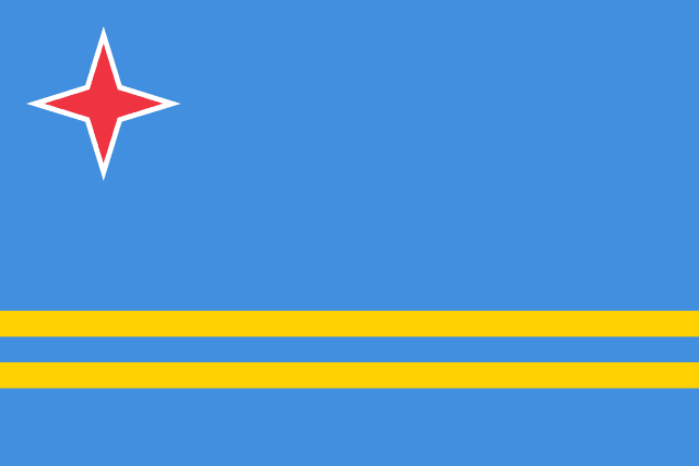 Bandera de Aruba: fondo azul con dos franjas amarillas finas y una estrella roja ribeteada de blanco
