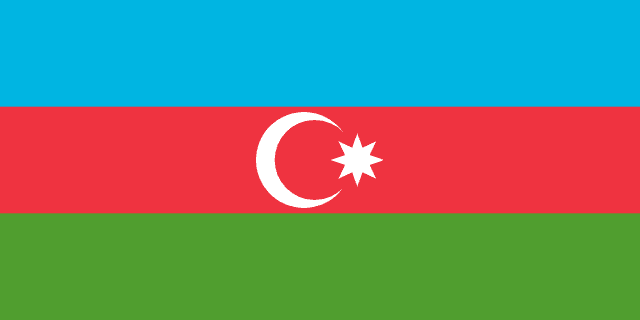 Bandera de Azerbaiyán: franjas azul, roja y verde con una media luna y una estrella blancas de ocho puntas