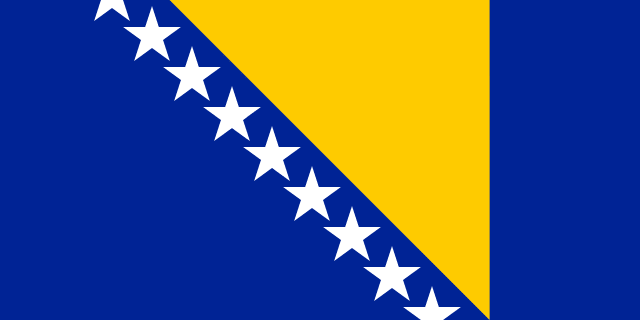 Bandera de Bosnia y Herzegovina: fondo azul con un triángulo amarillo y una hilera de estrellas blancas