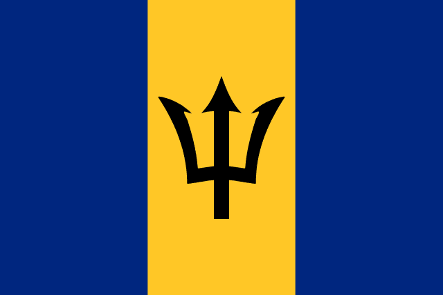 Bandera de Barbados: franjas verticales azul, dorada y azul con un tridente negro