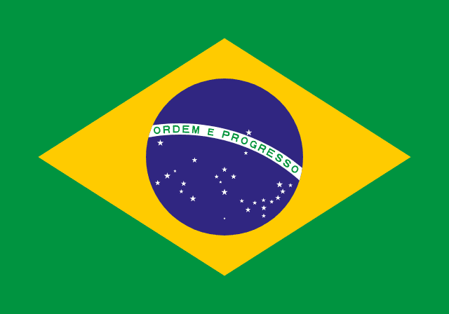Bandera de Brasil: fondo verde con un rombo amarillo y un globo azul con 27 estrellas blancas
