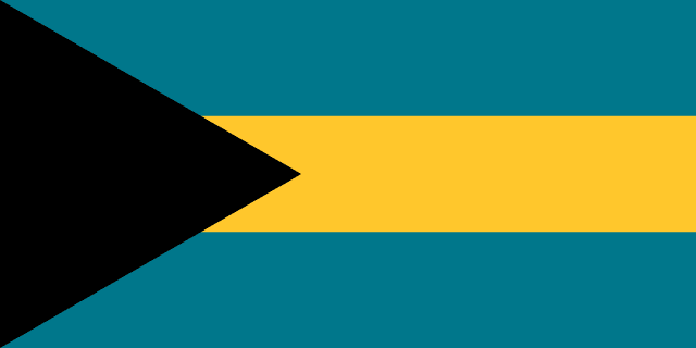 Bandera de Bahamas: franjas aguamarina, dorada y aguamarina con un triángulo negro junto al asta