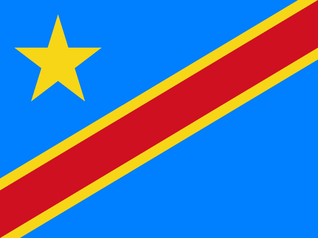 Bandera de la República Democrática del Congo: fondo azul celeste con una franja diagonal roja ribeteada de amarillo y una estrella amarilla