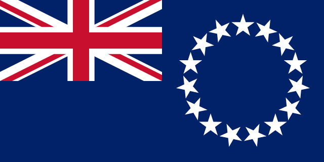 Bandera de las Islas Cook: fondo azul con la Union Jack y un círculo de quince estrellas blancas