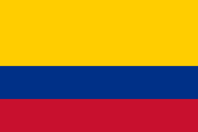 Bandera de Colombia: franjas horizontales amarilla (doble de ancha), azul y roja