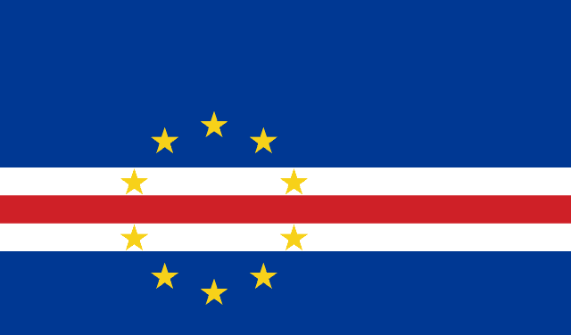 Bandera de Cabo Verde: fondo azul con franjas blanca y roja y un círculo de diez estrellas amarillas