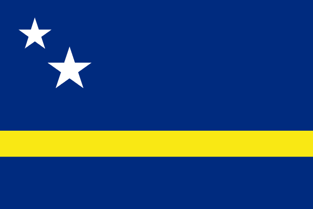 Bandera de Curazao: fondo azul con una franja horizontal amarilla y dos estrellas blancas
