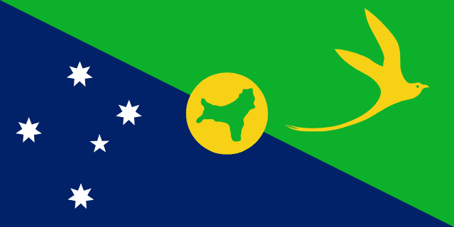 Bandera de la Isla de Navidad: triángulos azul con la Cruz del Sur y verde con un ave amarilla y un mapa