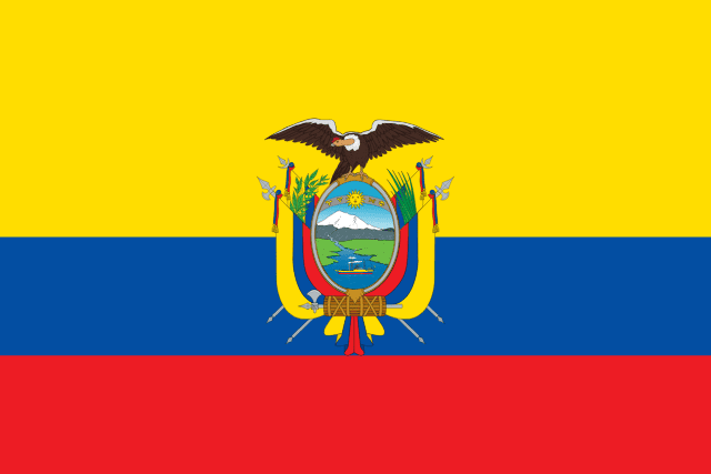 Bandera de Ecuador: franjas horizontales amarilla, azul y roja con el escudo del cóndor en el centro