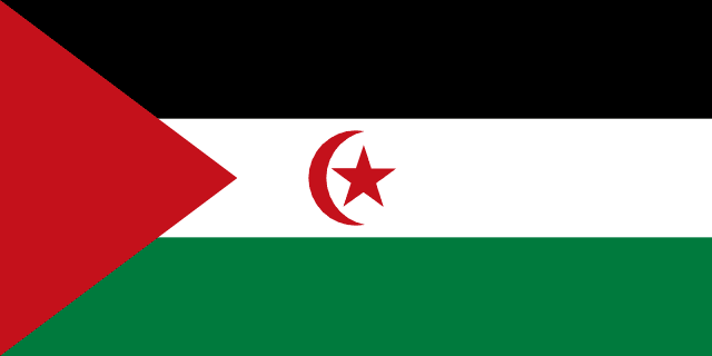 Bandera de la República Árabe Saharaui: franjas negra, blanca y verde con un triángulo rojo y una media luna y estrella rojas