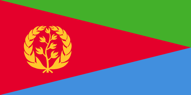 Bandera de Eritrea: triángulo rojo sobre un triángulo verde y otro azul, con una corona de olivo dorada