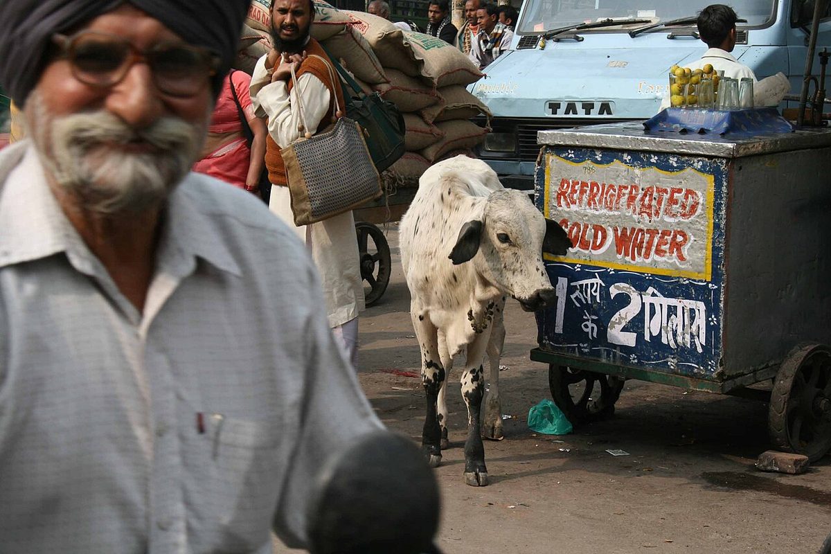 Vendedor ambulante con un cartel en hindi en Chandni Chowk, en la vieja Delhi