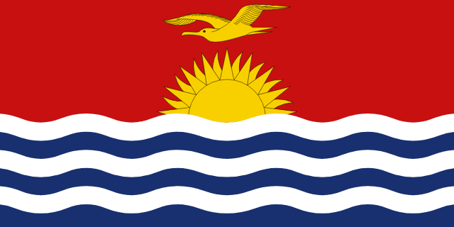 Bandera de Kiribati: mitad superior roja con una fragata y un sol amarillos, mitad inferior con ondas azules y blancas