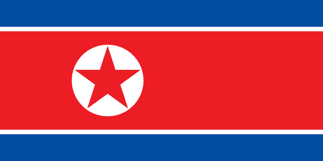 Bandera de Corea del Norte: franjas azul, roja y azul con un disco blanco con una estrella roja