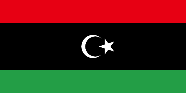Bandera de Libia: franjas roja, negra y verde con una media luna y una estrella blancas