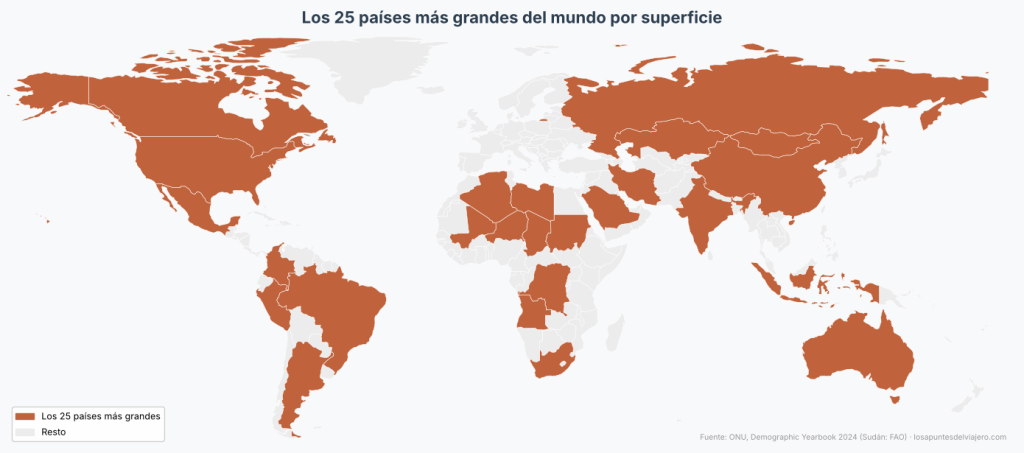 Mapa del mundo con los 25 países más grandes por superficie marcados en color, de Rusia a Colombia