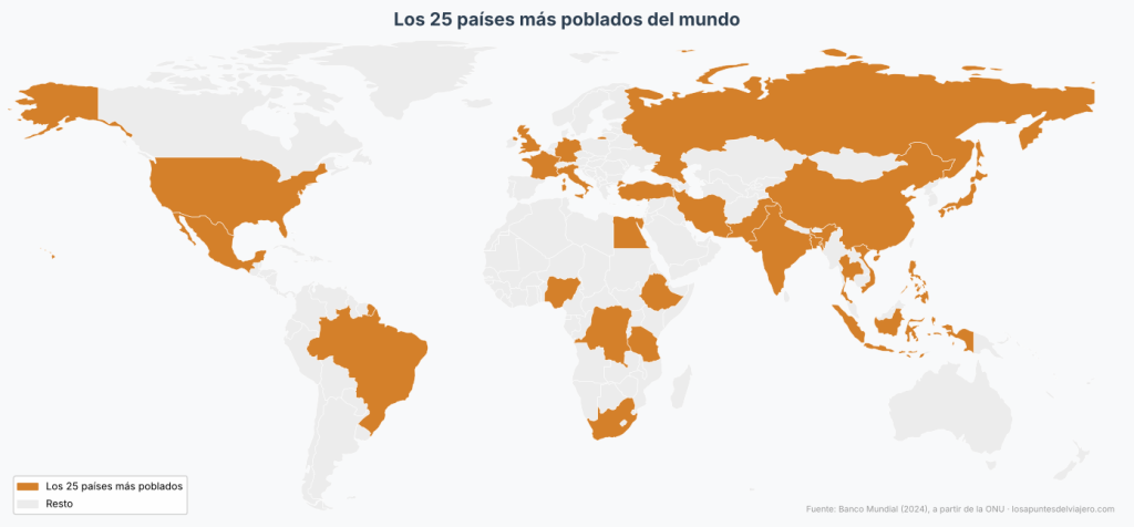 Mapa del mundo con los 25 países más poblados marcados en naranja