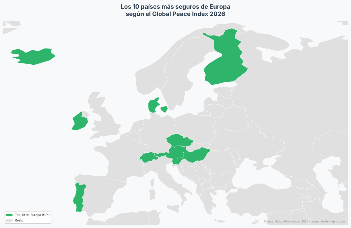 Mapa de Europa con los 10 países más seguros según el Global Peace Index 2026 marcados en verde