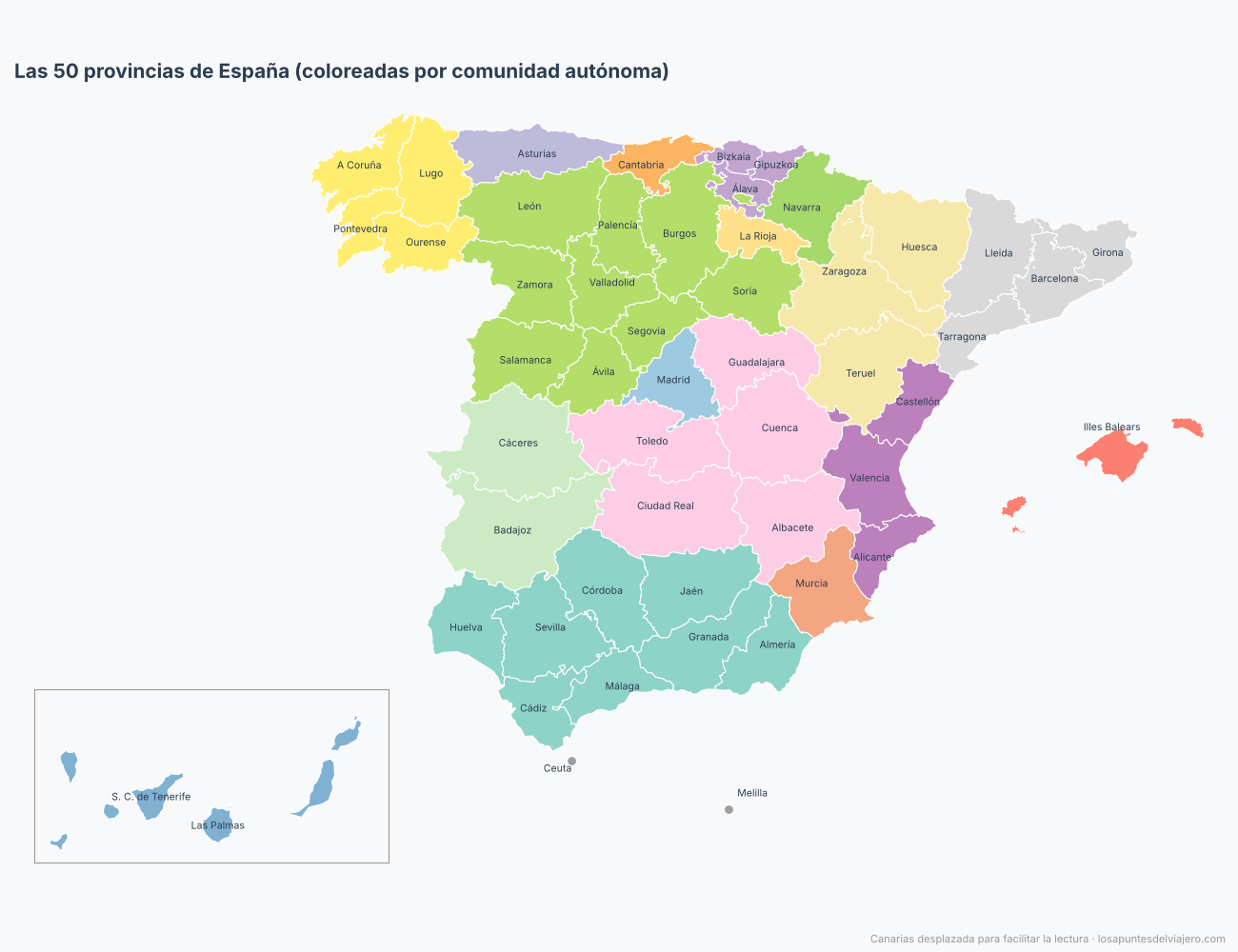 Mapa de España con las 50 provincias, coloreadas según la comunidad autónoma a la que pertenecen