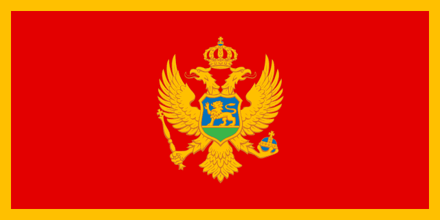 Bandera de Montenegro: fondo rojo con borde dorado y un águila bicéfala dorada en el centro