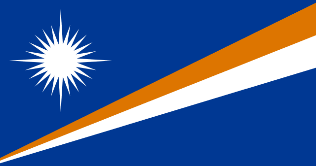 Bandera de las Islas Marshall: fondo azul con franjas naranja y blanca en diagonal y una estrella blanca