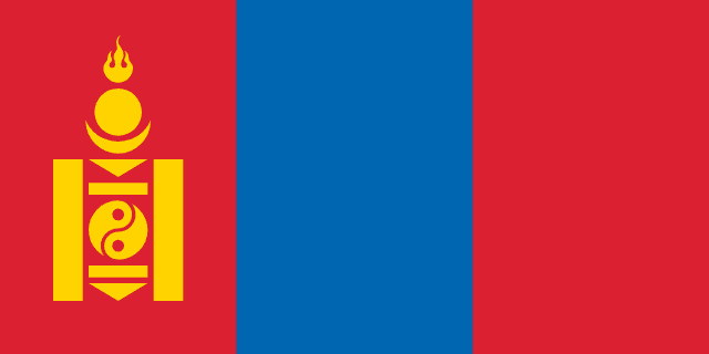 Bandera de Mongolia: franjas verticales roja, azul y roja con el símbolo Soyombo en amarillo