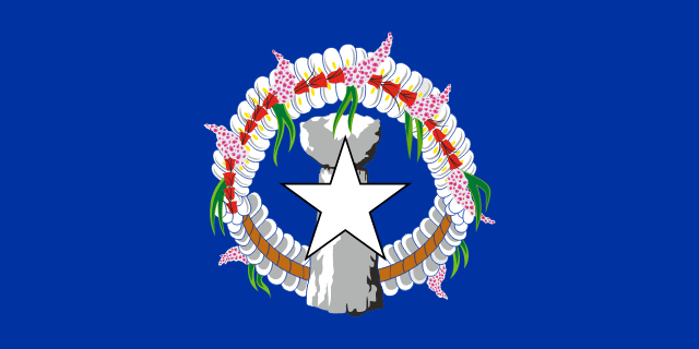 Bandera de las Islas Marianas del Norte: fondo azul con una piedra latte gris, una estrella blanca y una corona de flores