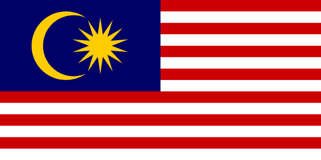 Bandera de Malasia: franjas rojas y blancas con un cantón azul con media luna y estrella amarillas